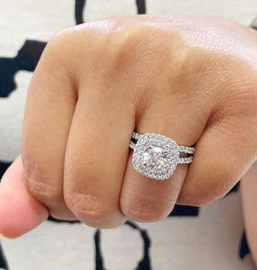 14K Solid White Gold Cushion Cut Simulated Diamond Engagement Ring And Band Bridal Set Wedding Set Double Halo Propose 2.00