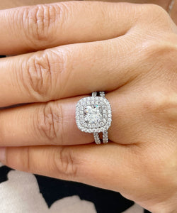 14K Solid White Gold Cushion Cut Simulated Diamond Engagement Ring And Band Bridal Set Wedding Set Double Halo Propose 2.00