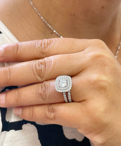 14K Solid White Gold Cushion Cut Simulated Diamond Engagement Ring And Band Bridal Set Wedding Set Double Halo Propose 2.00