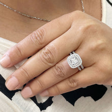 Load image into Gallery viewer, 14K Solid White Gold Cushion Cut Simulated Diamond Engagement Ring And Band Bridal Set Wedding Set Double Halo Propose 2.00
