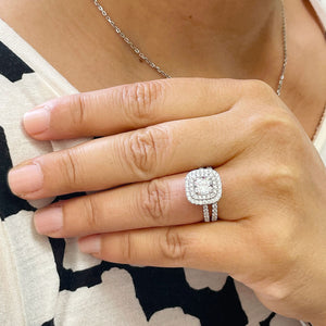 14K Solid White Gold Cushion Cut Simulated Diamond Engagement Ring And Band Bridal Set Wedding Set Double Halo Propose 2.00