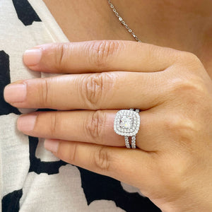 14K Solid White Gold Cushion Cut Simulated Diamond Engagement Ring And Band Bridal Set Wedding Set Double Halo Propose 2.00