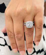 Load image into Gallery viewer, 14K Solid White Gold Cushion Cut Simulated Diamond Engagement Ring And Band Bridal Set Wedding Set Double Halo Propose 2.00

