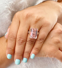 Load image into Gallery viewer, Huge 14K Solid Rose Gold Emerald Cut Natural Peach Morganite and Emerald cut Natural Diamonds Engagement Ring Bridal Wedding 13.50ctw
