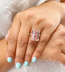 Huge 14K Solid Rose Gold Emerald Cut Natural Peach Morganite and Emerald cut Natural Diamonds Engagement Ring Bridal Wedding 13.50ctw
