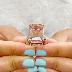 Huge 14K Solid Rose Gold Emerald Cut Natural Peach Morganite and Emerald cut Natural Diamonds Engagement Ring Bridal Wedding 13.50ctw