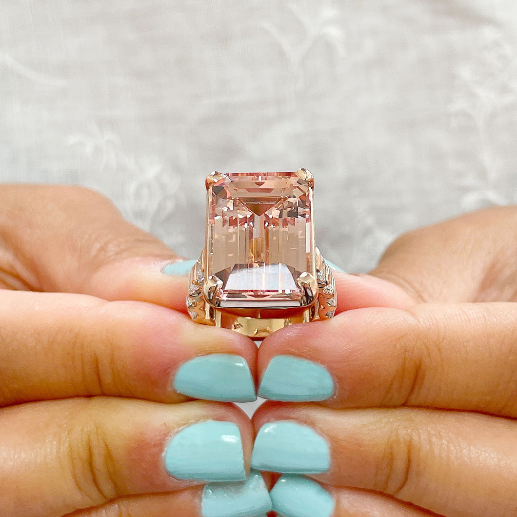 14K Solid Rose Gold Emerald Cut Natural Peach Morganite and emerald cut Simulated Diamonds Engagement Ring Bridal Wedding 13.50ctw