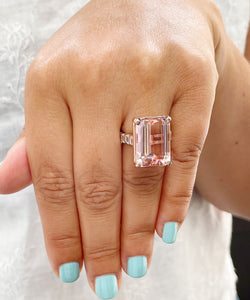 Huge 14K Solid Rose Gold Emerald Cut Natural Peach Morganite and Emerald cut Natural Diamonds Engagement Ring Bridal Wedding 13.50ctw