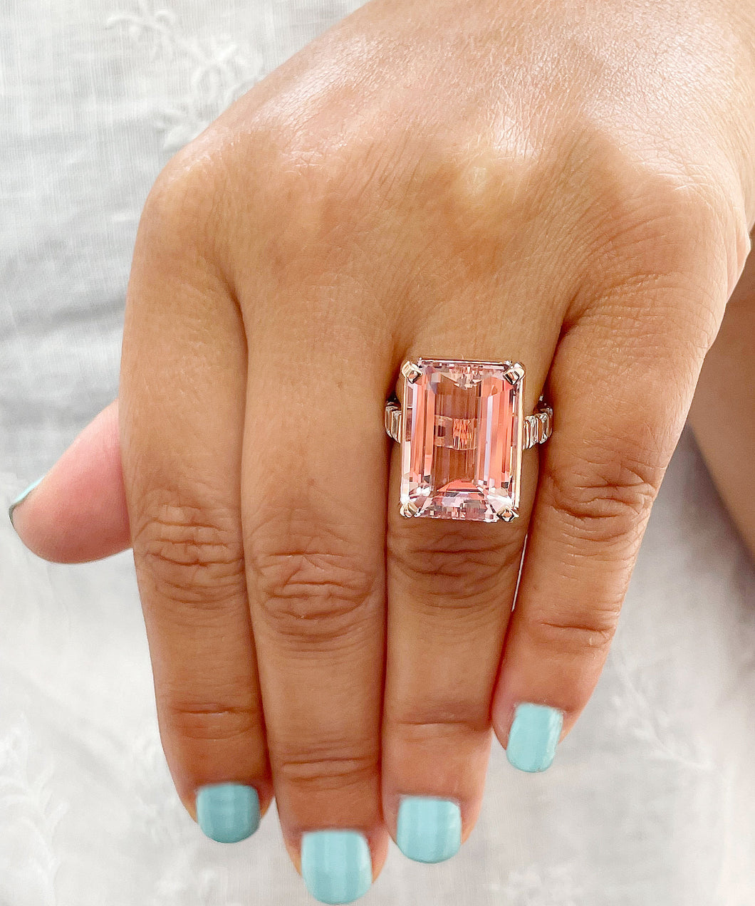 Huge 14K Solid Rose Gold Emerald Cut Natural Peach Morganite and Emerald cut Natural Diamonds Engagement Ring Bridal Wedding 13.50ctw