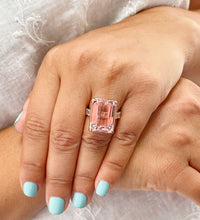 Load image into Gallery viewer, Huge 14K Solid Rose Gold Emerald Cut Natural Peach Morganite and Emerald cut Natural Diamonds Engagement Ring Bridal Wedding 13.50ctw
