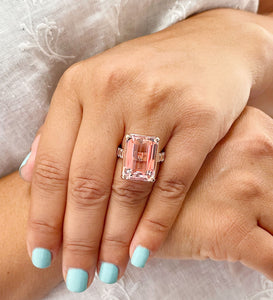 Huge 14K Solid Rose Gold Emerald Cut Natural Peach Morganite and Emerald cut Natural Diamonds Engagement Ring Bridal Wedding 13.50ctw
