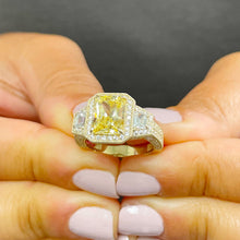 Load image into Gallery viewer, Large 3.50 Carats 14k Solid Yellow Gold Radiant Cut Simulated Diamond and Fancy Yellow Diamonds Engagement Ring Halo
