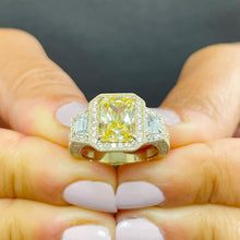 Load image into Gallery viewer, Large 3.50 Carats 14k Solid Yellow Gold Radiant Cut Simulated Diamond and Fancy Yellow Diamonds Engagement Ring Halo
