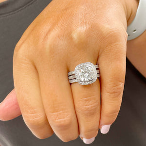 Stunning 14k Solid White Gold Cushion Cut Forever One Moissanite and Natural Diamond Engagement Ring And Two Bands Bezel Set Halo 4.00ctw