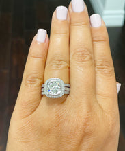 Load image into Gallery viewer, 14k Solid White Gold Cushion Cut Moissanite and Natural Diamond Engagement Ring And Two Bands Bezel Set Halo 3.80ctw
