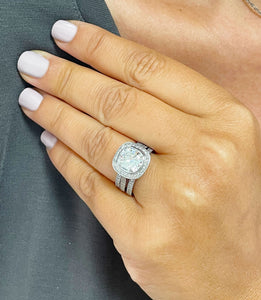Stunning 14k Solid White Gold Cushion Cut Forever One Moissanite and Natural Diamond Engagement Ring And Two Bands Bezel Set Halo 4.00ctw