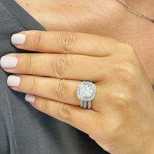Load image into Gallery viewer, Stunning 14k Solid White Gold Cushion Cut Forever One Moissanite and Natural Diamond Engagement Ring And Two Bands Bezel Set Halo 4.00ctw
