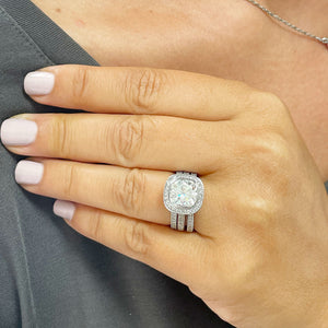 Stunning 14k Solid White Gold Cushion Cut Forever One Moissanite and Natural Diamond Engagement Ring And Two Bands Bezel Set Halo 4.00ctw