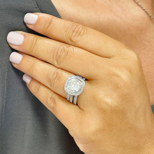 Stunning 14k Solid White Gold Cushion Cut Forever One Moissanite and Natural Diamond Engagement Ring And Two Bands Bezel Set Halo 4.00ctw