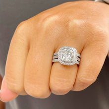 Load image into Gallery viewer, 14k Solid White Gold Cushion Cut Moissanite and Natural Diamond Engagement Ring And Two Bands Bezel Set Halo 3.80ctw

