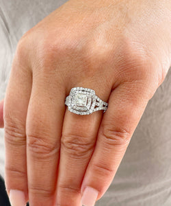 Copy of Split Shank Double Halo 14K Solid White Gold Princess Cut Moissanite and Natural Diamond Engagement Ring 1.70ctw