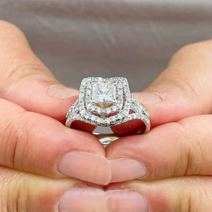 Copy of Split Shank Double Halo 14K Solid White Gold Princess Cut Moissanite and Natural Diamond Engagement Ring 1.70ctw