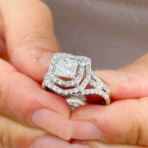 Copy of Split Shank Double Halo 14K Solid White Gold Princess Cut Moissanite and Natural Diamond Engagement Ring 1.70ctw