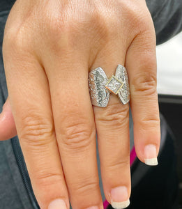 Unique Design 14K Solid And Heavy White Gold Princess Cut Simulated Diamonds Engagement Ring Bezel Antique Style Filigree 1.00ct