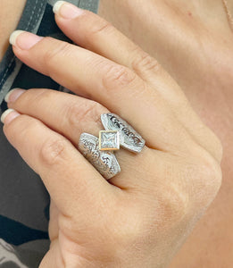 14K Solid And Heavy White Gold Princess Cut Moissanite Engagement Ring Deco, Bridal, Wedding, Bezel Set Solitaire 1.00ctw