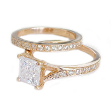 Load image into Gallery viewer, 14K Solid Rose Gold Princess Cut Moissanite And Natural Diamond Engagement Ring And Two Bands Set, Wedding Deco 2.10ctw
