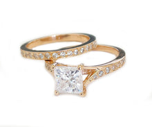 Load image into Gallery viewer, 14K Solid Rose Gold Princess Cut Moissanite And Natural Diamond Engagement Ring And Two Bands Set, Wedding Deco 2.10ctw
