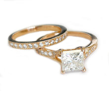 Load image into Gallery viewer, 14K Solid Rose Gold Princess Cut Moissanite And Natural Diamond Engagement Ring And Two Bands Set, Wedding Deco 2.10ctw
