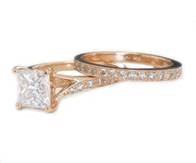 Load image into Gallery viewer, 14K Solid Rose Gold Princess Cut Moissanite And Natural Diamond Engagement Ring And Two Bands Set, Wedding Deco 2.10ctw
