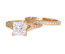 Load image into Gallery viewer, 14K Solid Rose Gold Princess Cut Moissanite And Natural Diamond Engagement Ring And Two Bands Set, Wedding Deco 2.10ctw
