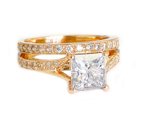 14K Solid Rose Gold Princess Cut Moissanite And Natural Diamond Engagement Ring And Two Bands Set, Wedding Deco 2.10ctw