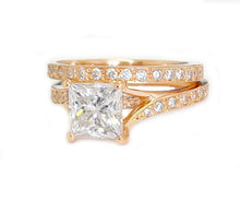 Load image into Gallery viewer, 14K Solid Rose Gold Princess Cut Moissanite And Natural Diamond Engagement Ring And Two Bands Set, Wedding Deco 2.10ctw
