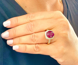 14k Solid White Gold Oval Natural Ruby And Round Cut Natural Diamonds Antique Deco Design Ring Halo Bridal Engagement Anniversary 6.00ctw