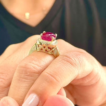 Load image into Gallery viewer, 14k Solid White Gold Oval Natural Ruby And Round Cut Natural Diamonds Antique Deco Design Ring Halo Bridal Engagement Anniversary 6.00ctw
