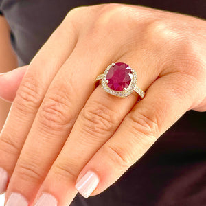 14k Solid White Gold Oval Natural Ruby And Round Cut Natural Diamonds Antique Deco Design Ring Halo Bridal Engagement Anniversary 6.00ctw