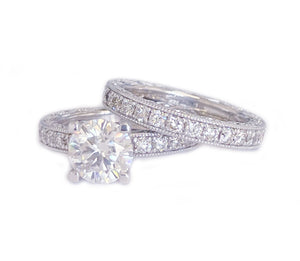 14k Solid White Gold Round Cut Forever One Moissanite and Round Cut Natural Diamond Engagement Ring and band, Bridal Set 3.50ctw