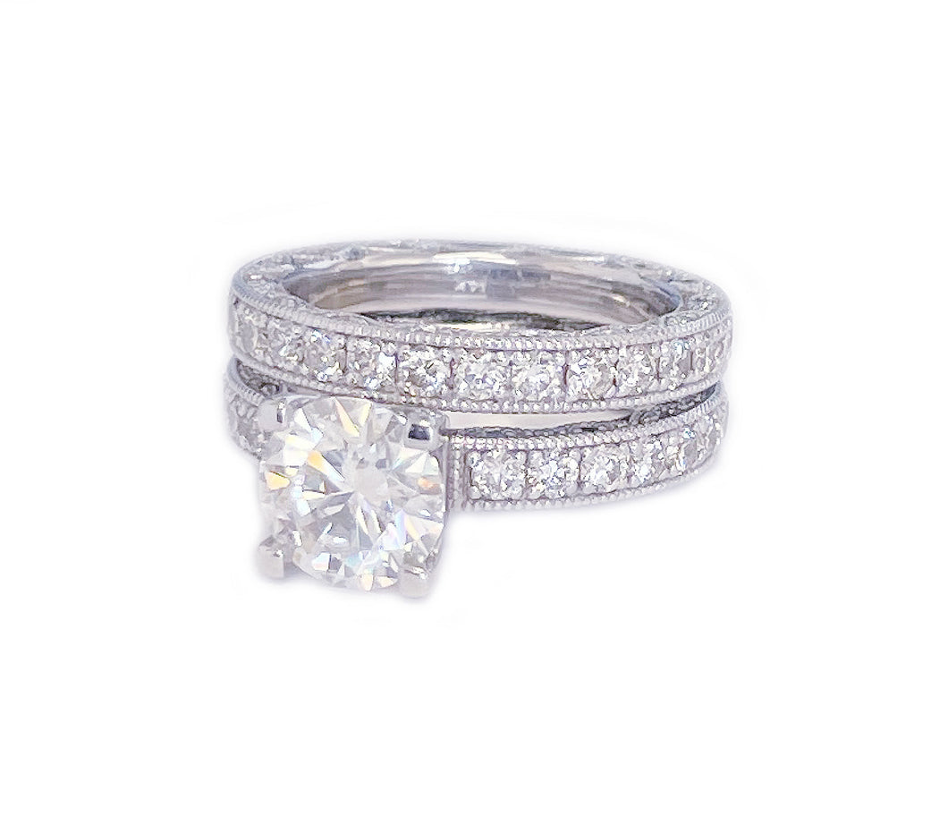 14k Solid White Gold Round Cut Moissanite and Round Cut Natural Diamond Engagement Ring and band, Bridal Set 3.50ctw
