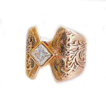 Load image into Gallery viewer, Unique Design 14K Solid And Heavy Rose Gold Princess Cut Simulated Diamonds Engagement Ring Bezel Antique Style Filigree 1.00ct
