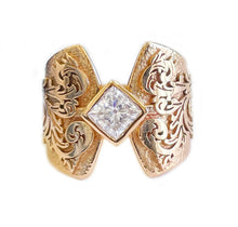 Load image into Gallery viewer, Unique Design 14K Solid And Heavy Rose Gold Princess Cut Simulated Diamonds Engagement Ring Bezel Antique Style Filigree 1.00ct
