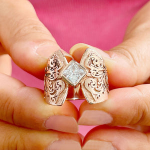 Unique Design 14K Solid And Heavy Rose Gold Princess Cut Simulated Diamonds Engagement Ring Bezel Antique Style Filigree 1.00ct