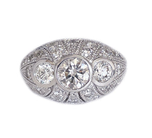 Filigree 14K Solid White Gold Round Cut Moissanite And Natural Diamond Engagement Ring Three Stone Bezel Set Antique Style 2.00ctw