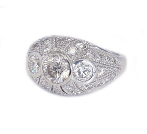 Filigree 14K Solid White Gold Round Cut Moissanite And Natural Diamond Engagement Ring Three Stone Bezel Set Antique Style 2.00ctw