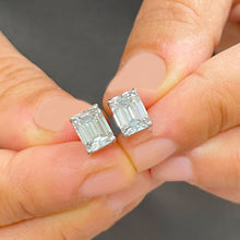 Load image into Gallery viewer, Large 14K Solid White Gold Emerald Cut Moissanite Stud Earrings Screw back style Prong Set 4.00ctw
