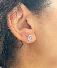 Load image into Gallery viewer, Large 14K Solid White Gold Emerald Cut Moissanite Stud Earrings Screw back style Prong Set 4.00ctw
