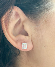 Load image into Gallery viewer, Large 14K Solid White Gold Emerald Cut Moissanite Stud Earrings Screw back style Prong Set 4.00ctw
