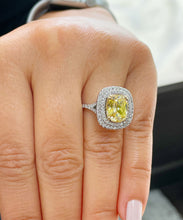 Load image into Gallery viewer, 14K Solid White and Yellow Gold Fancy Yellow Cushion and Round Cut Simulated Diamonds Engagement Ring Set Double Halo Wedding Bridal 4.50ctw
